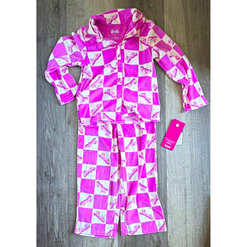 Barbie Girls Pink/White Fleece Button-Up 2pc Long Sleeve PJ Set Size 6 NWT A4